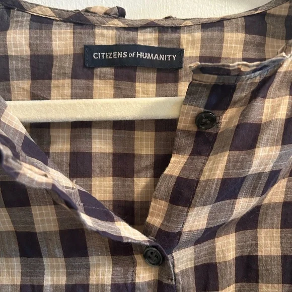 Citizens of Humanity Jolene Blouse Black and Cream Gingham Ruffle Top Size Large - Picture 6 of 6